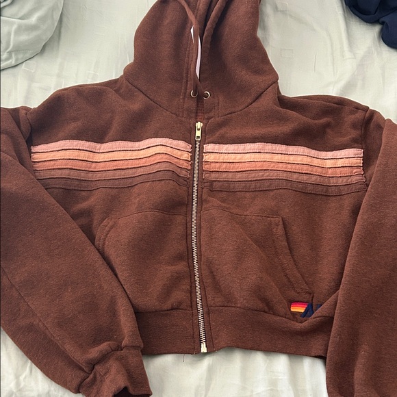 Aviator Nation 5 stripe cropped zip hoodie in espresso & chocolate - Picture 3 of 5